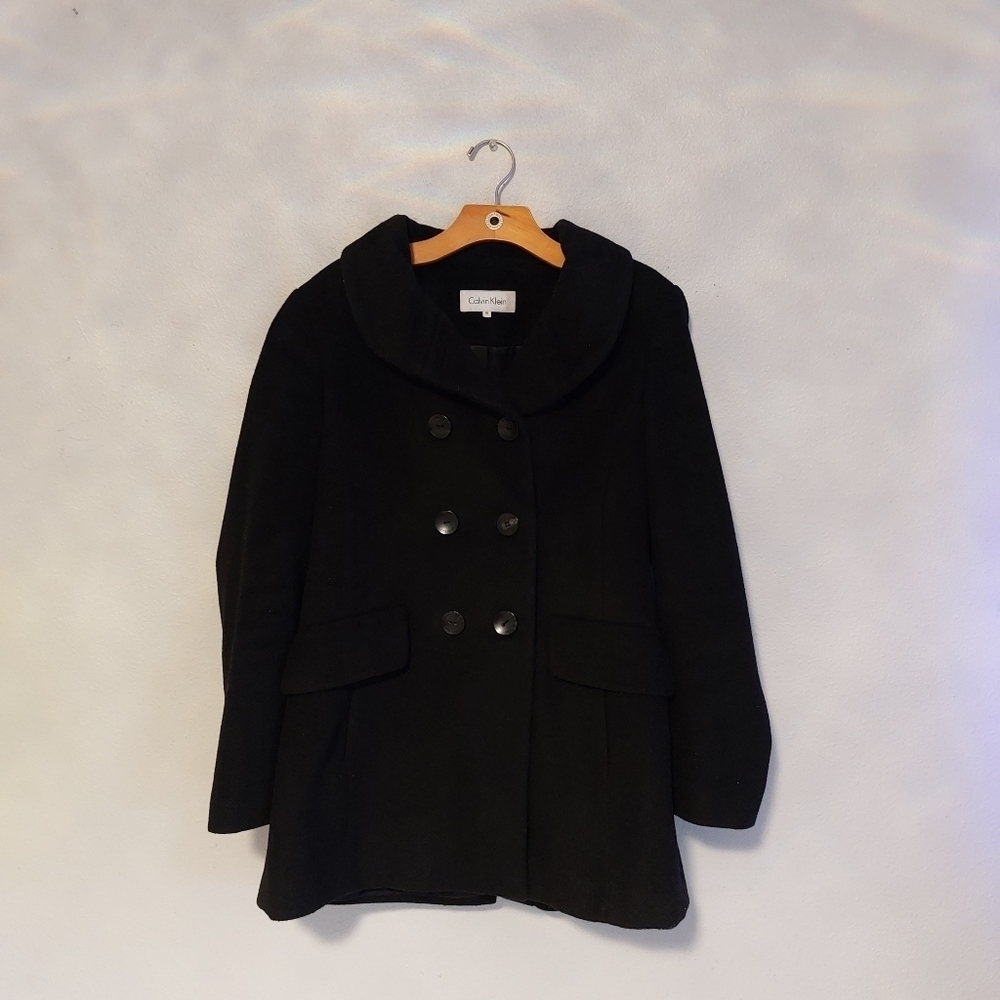 Calvin Klein Wool Black Pea Coat Size 10 Women's pockets Mid Lenght - Picture 12 of 13